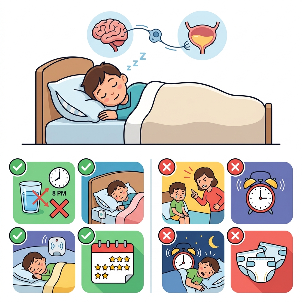 නින්දෙන් මුත්‍රා පිටවීම (Bed-wetting): අම්මලා තාත්තලා දැනගත යුතු සියල්ල Infographic
